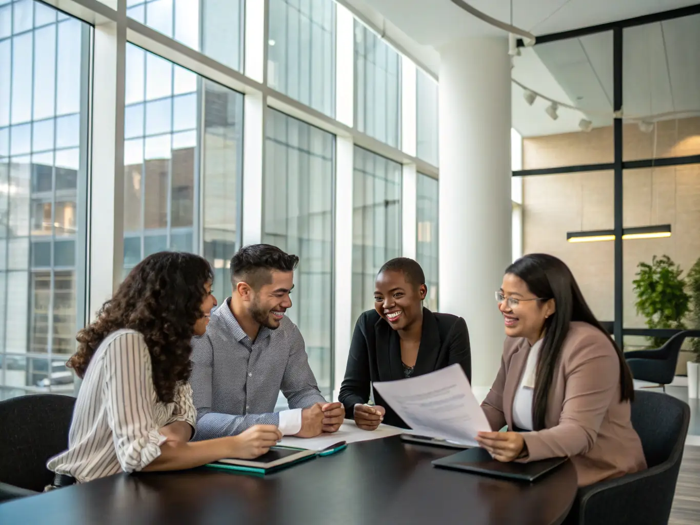 An image of a diverse group of business professionals collaborating in a modern office, symbolizing leadership and teamwork.