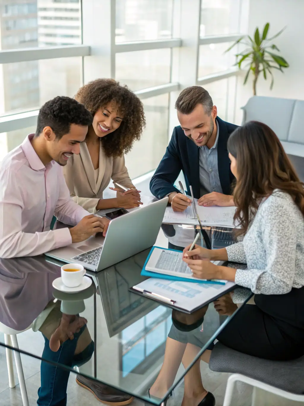 A diverse team collaborating around a table, brainstorming ideas and solving problems, illustrating the power of teamwork and leadership.