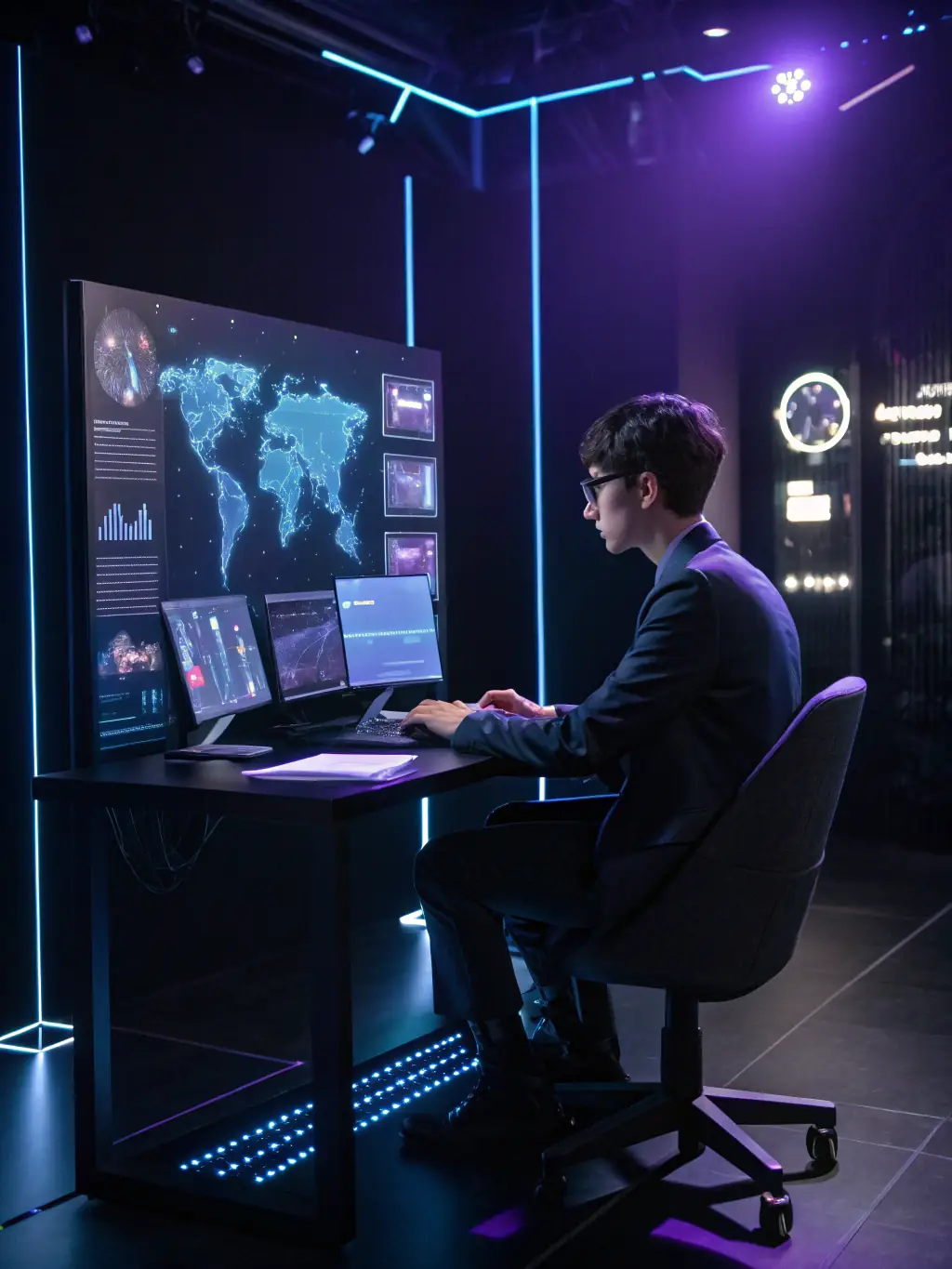 An entrepreneur working late in a vibrant co-working space, surrounded by sketches and notes, representing the dedication required for entrepreneurship coaching.